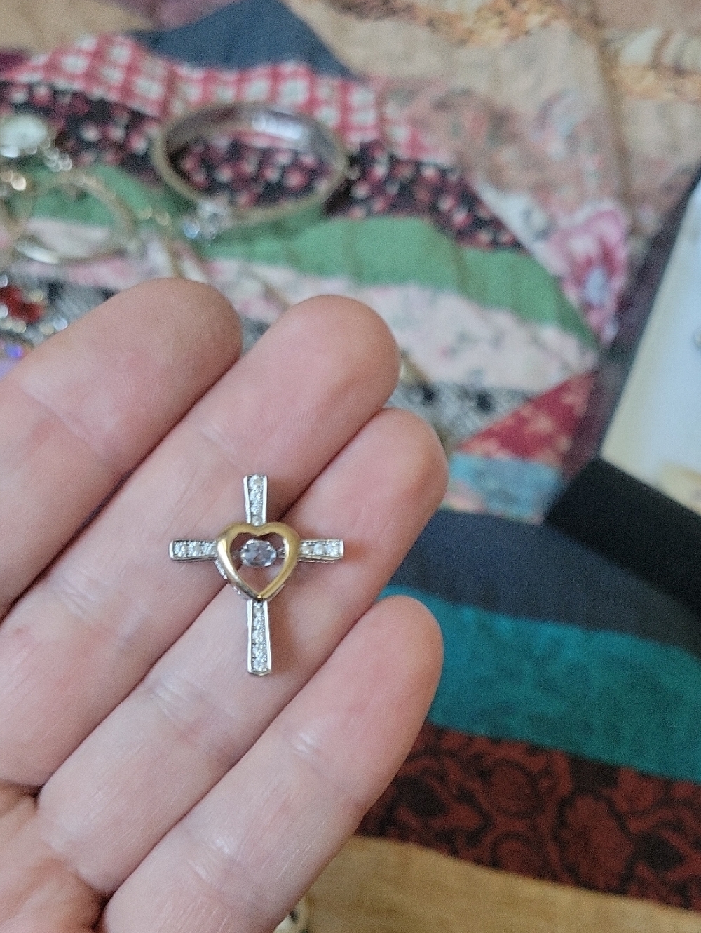 Heart Cross Pendant in Silver and Gold Tone No Stamps